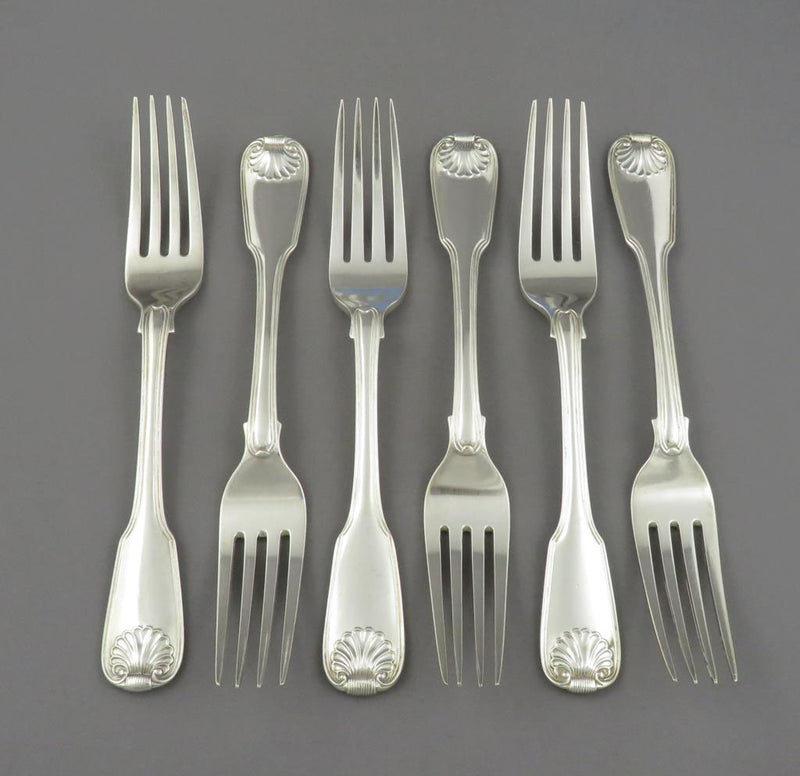 6 Fiddle Thread & Shell Pattern Silver Dinner Forks - JH Tee Antiques