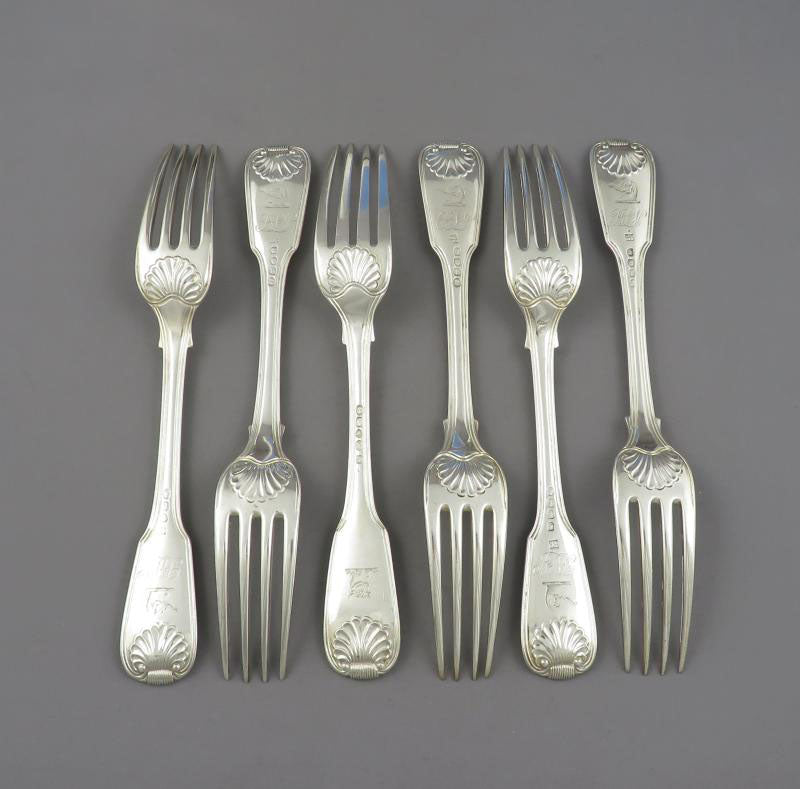 6 Georgian Sterling Silver Fiddle Thread &amp; Shell Dinner Forks - JH Tee Antiques
