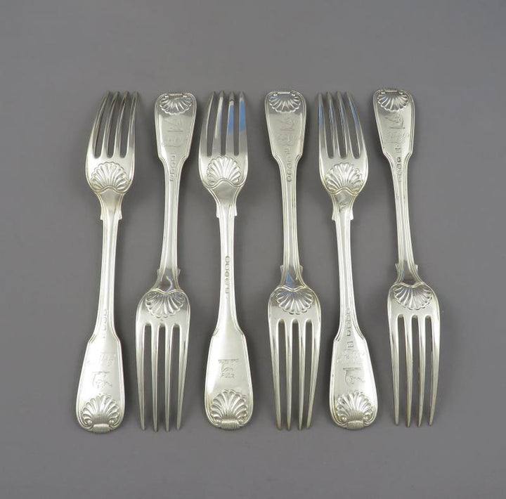 6 Georgian Sterling Silver Fiddle Thread &amp; Shell Dinner Forks - JH Tee Antiques