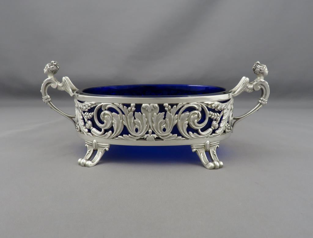 french 950 silver jardiniere with blue glass liner