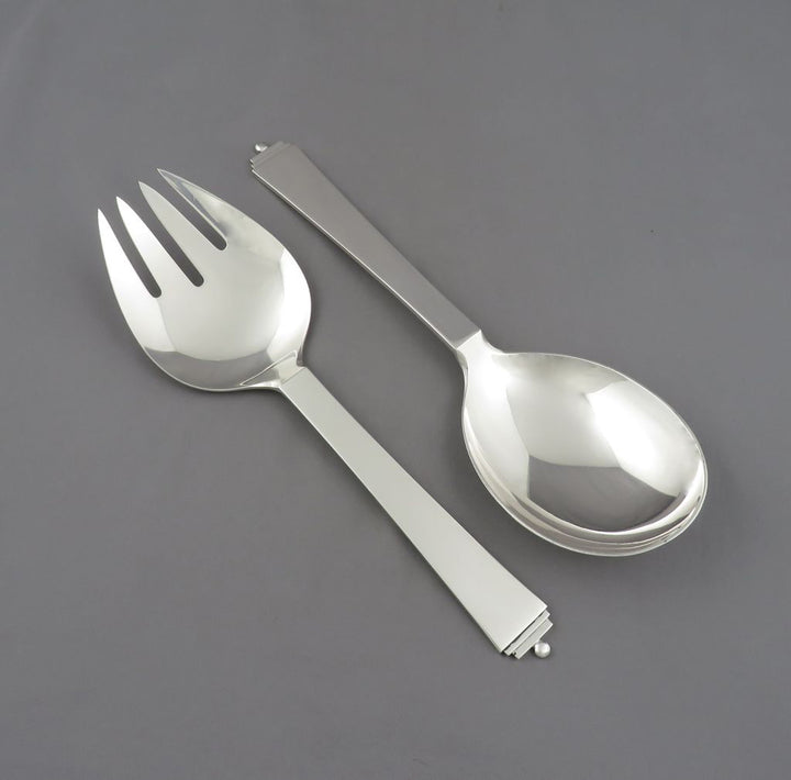 Georg Jensen Pyramid Pattern Silver Salad Servers Large - JH Tee Antiques