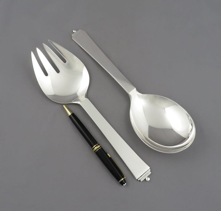 Georg Jensen Pyramid Pattern Silver Salad Servers Large - JH Tee Antiques