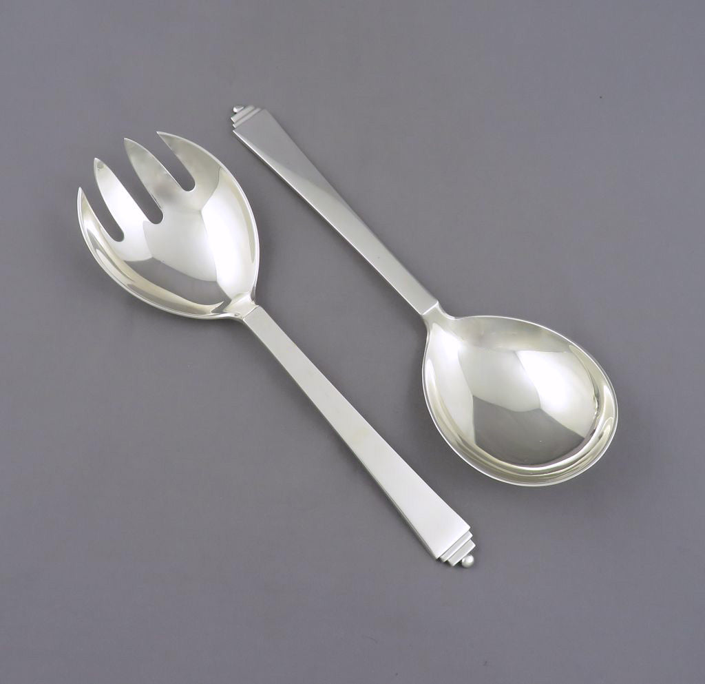 Georg Jensen Pyramid Pattern Sterling Silver Salad Servers - JH Tee Antiques