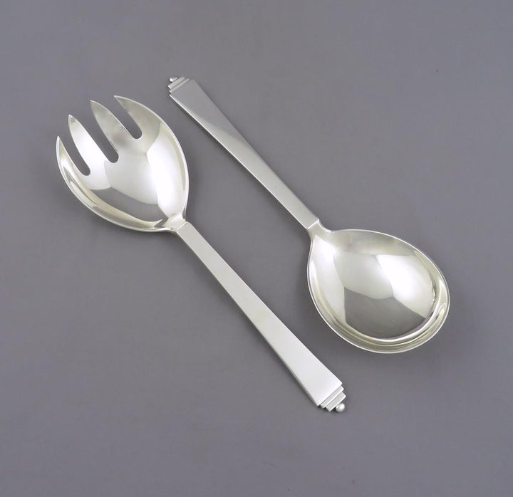 Georg Jensen Pyramid Pattern Sterling Silver Salad Servers - JH Tee Antiques