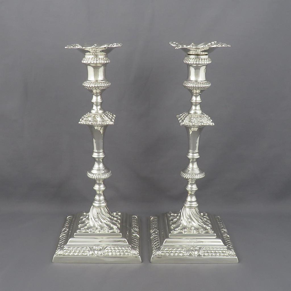 George III Cast Sterling Silver Candlesticks - JH Tee Antiques