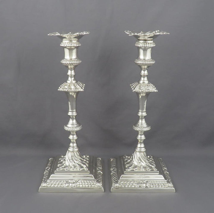 George III Cast Sterling Silver Candlesticks - JH Tee Antiques