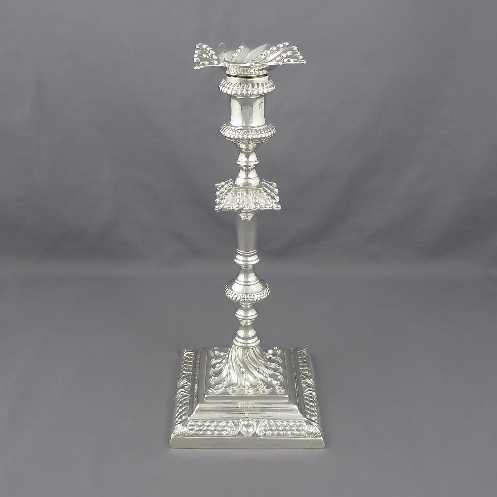 George III Cast Sterling Silver Candlesticks - JH Tee Antiques