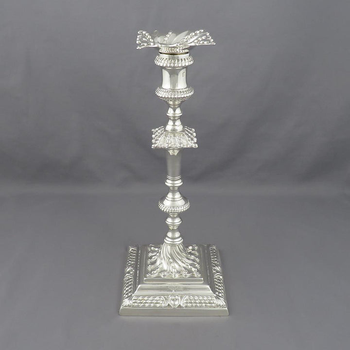 George III Cast Sterling Silver Candlesticks - JH Tee Antiques