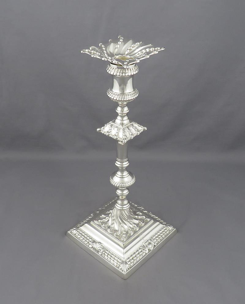 George III Cast Sterling Silver Candlesticks - JH Tee Antiques