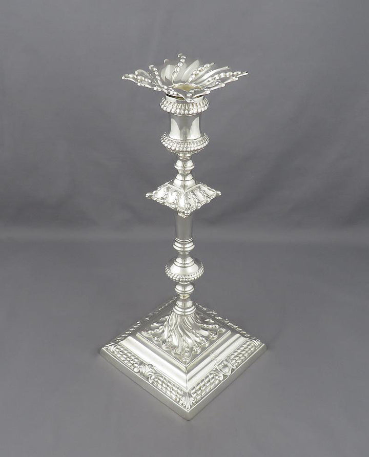 George III Cast Sterling Silver Candlesticks - JH Tee Antiques
