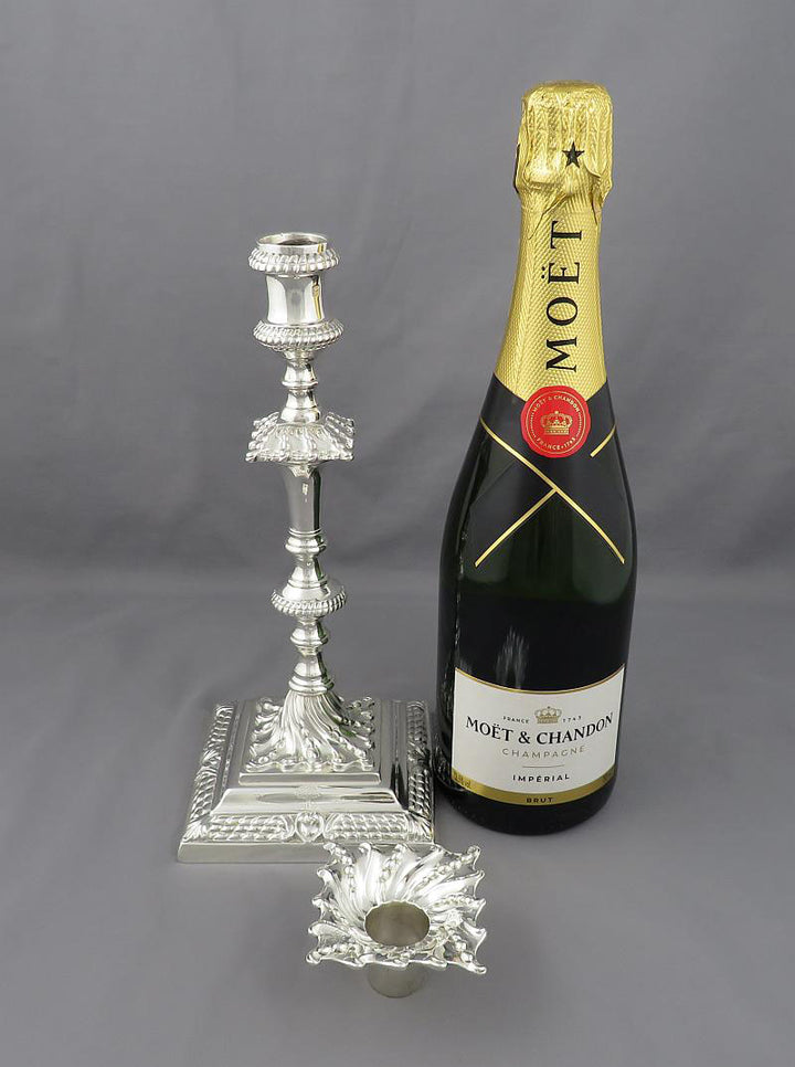 George III Cast Sterling Silver Candlesticks - JH Tee Antiques