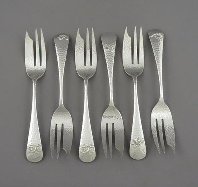 6 Gorham Antique Hammered and Applied Silver Pie Forks - JH Tee Antiques