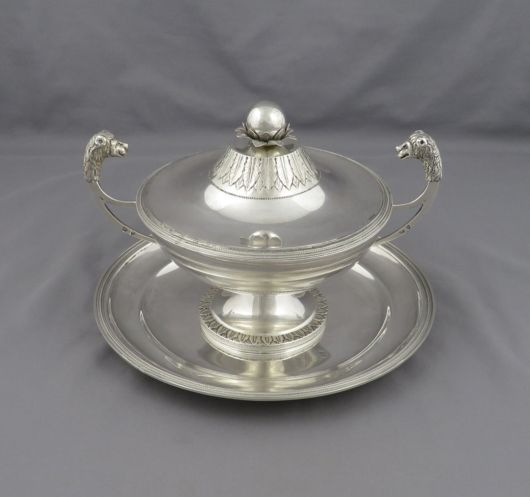 An antique Italian sterling silver tureen with, Kingdom of Sardinia c. 1820,. featuring lion&