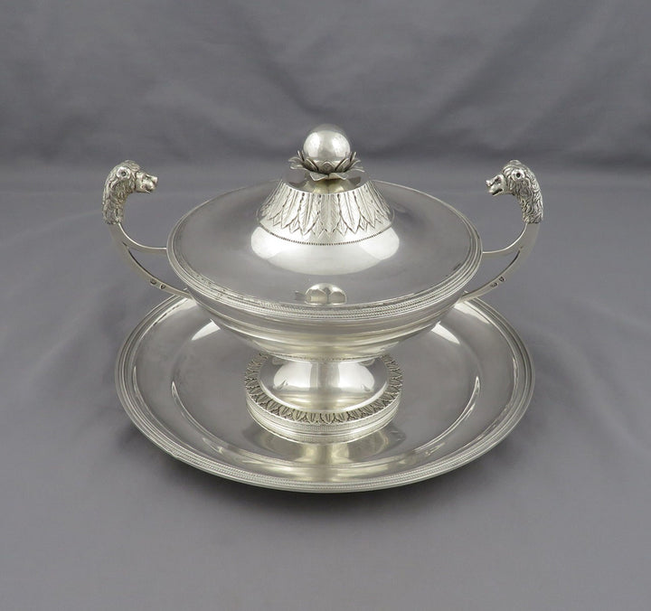 An antique Italian sterling silver tureen with, Kingdom of Sardinia c. 1820,. featuring lion&