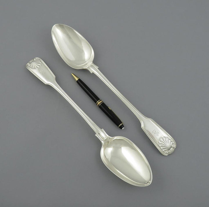 Pair of Fiddle Thread and Shell Stuffing Spoons - JH Tee Antiques