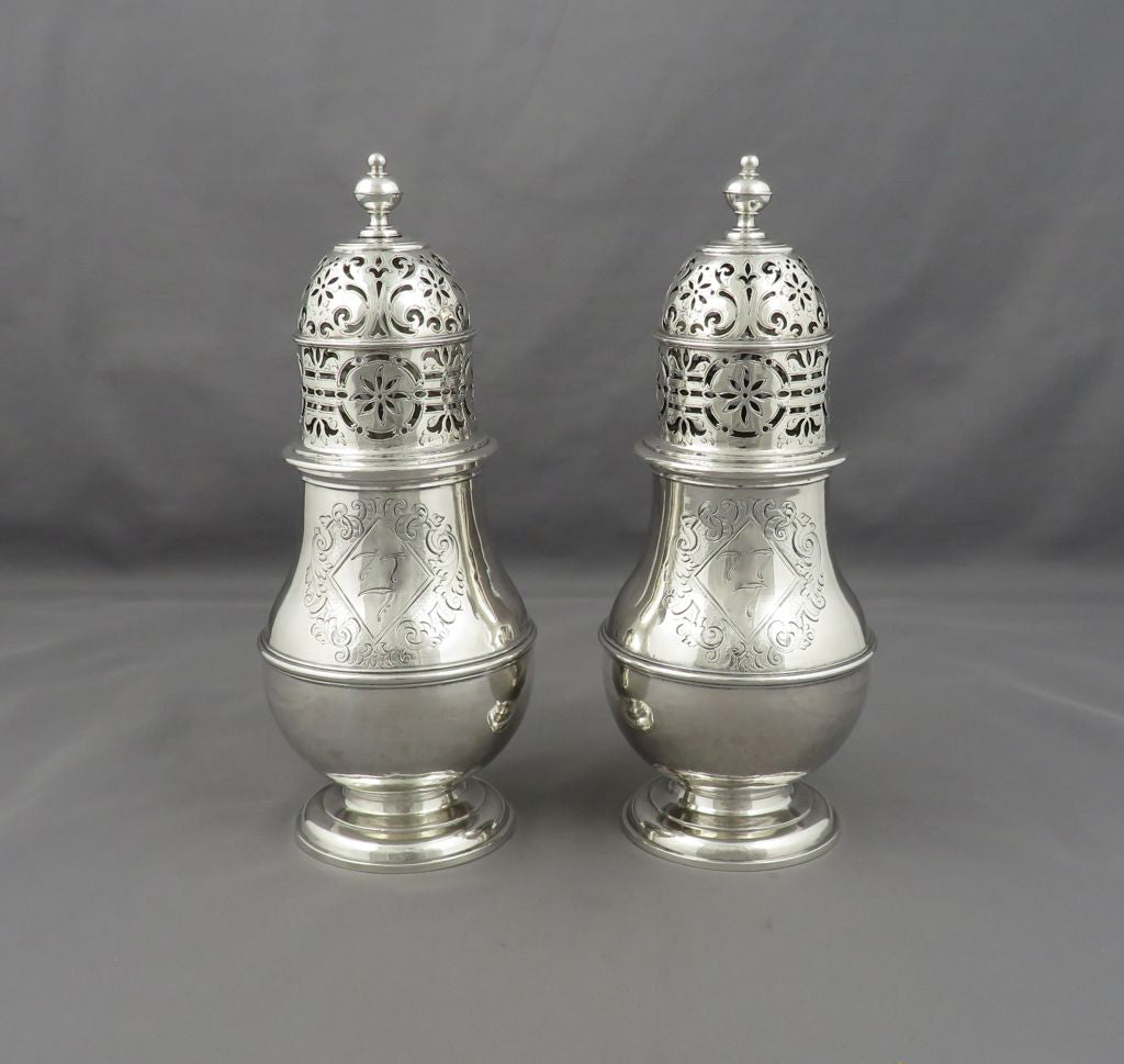 Pair Queen Anne Sterling Silver Sugar Casters - JH Tee Antiques