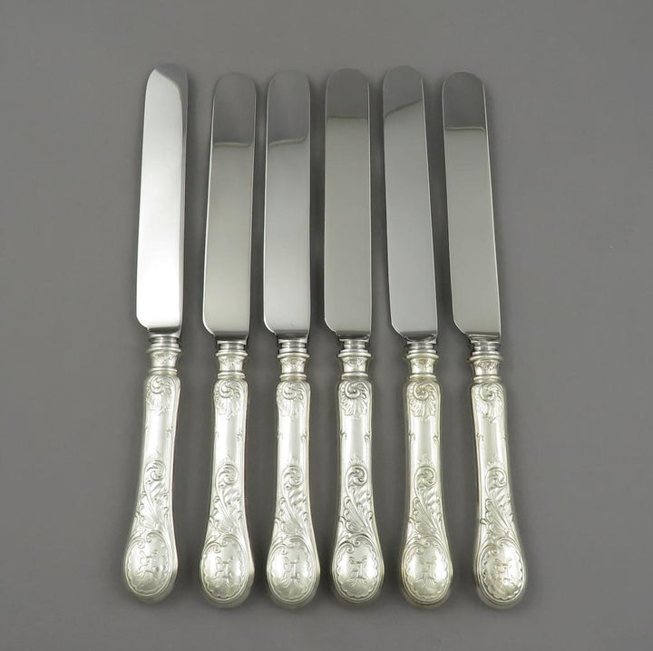 6 Russian Silver Dinner Knives - JH Tee Antiques