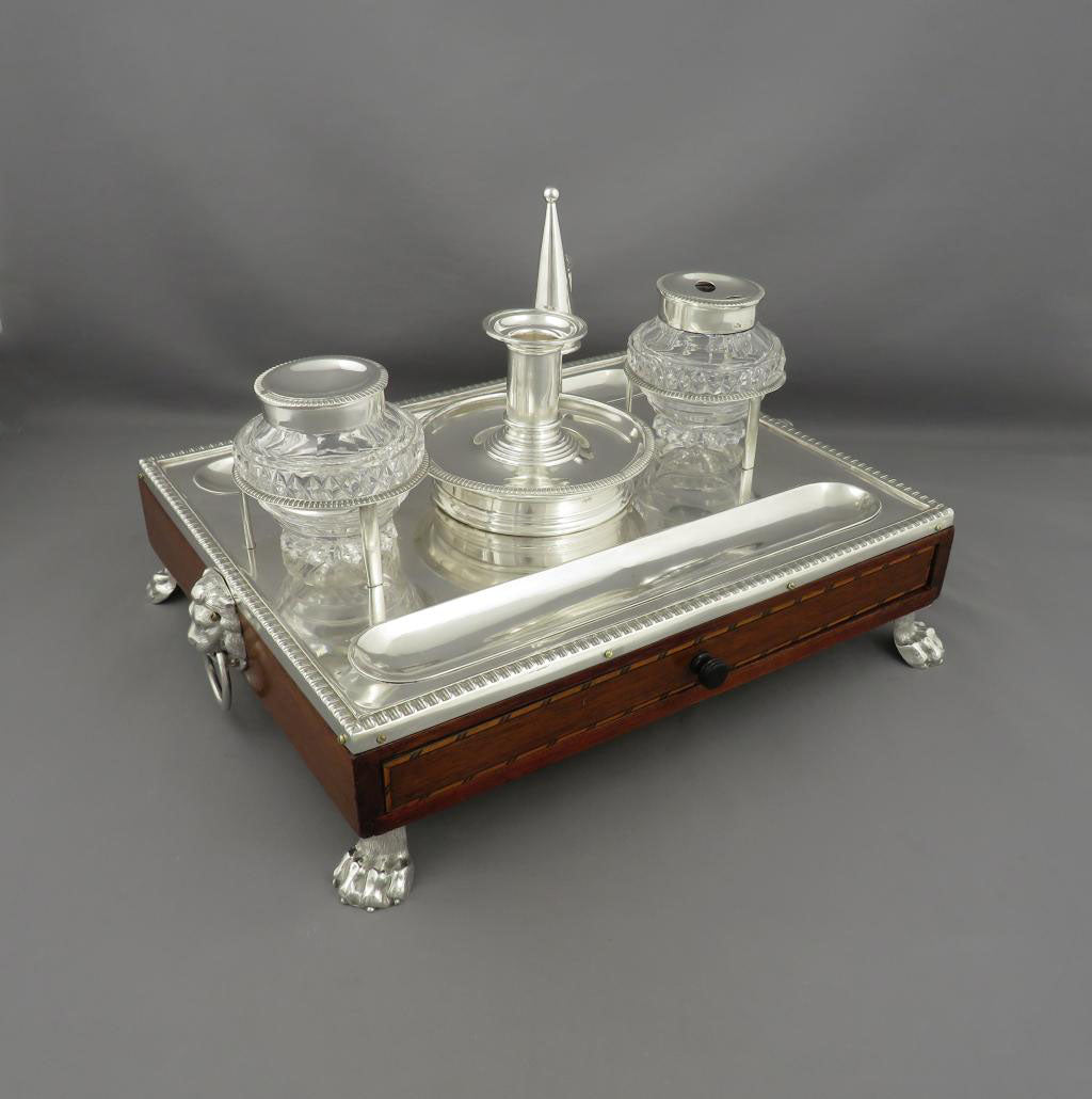 Silver Inkstand English Silver and Oak Inkstand | JH Tee Antiques