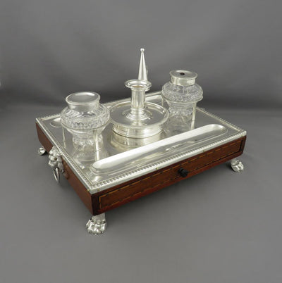 English Silver and Oak Inkstand - JH Tee Antiques