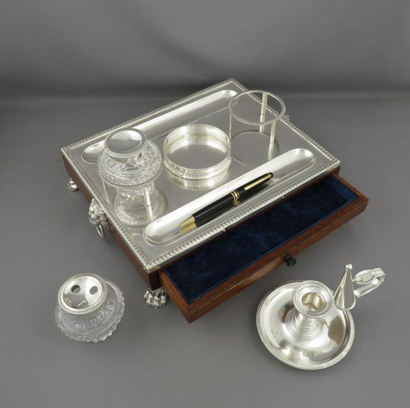 English Silver and Oak Inkstand - JH Tee Antiques