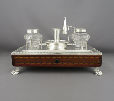 English Silver and Oak Inkstand - JH Tee Antiques