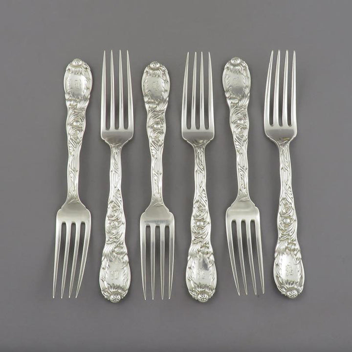 Six Tiffany Chrysanthemum Silver Luncheon Forks - JH Tee Antiques