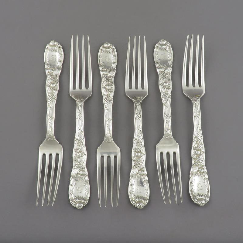 Six Tiffany Chrysanthemum Silver Luncheon Forks - JH Tee Antiques