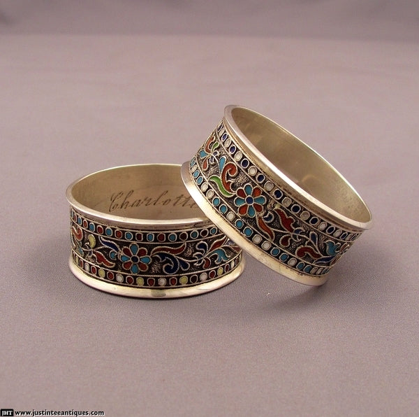 English Silver &amp; Enamel Napkin Rings - JH Tee Antiques