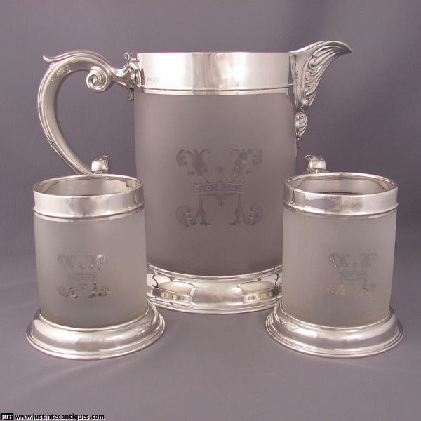 Victorian Silver and Glass Beer Jug and Mugs - JH Tee Antiques