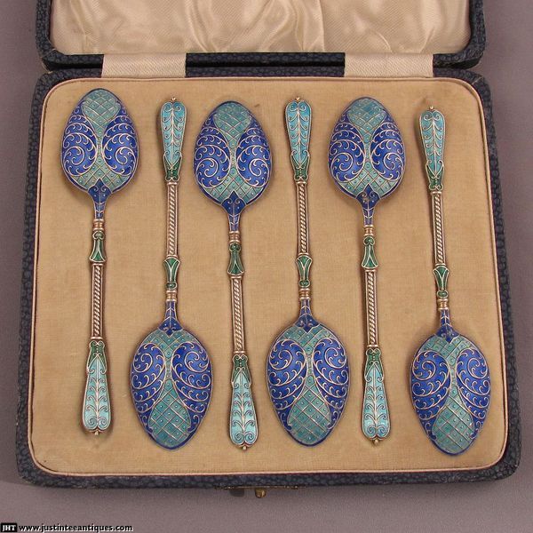 6 English Silver and Cloisonne Enamel Teaspoons - JH Tee Antiques