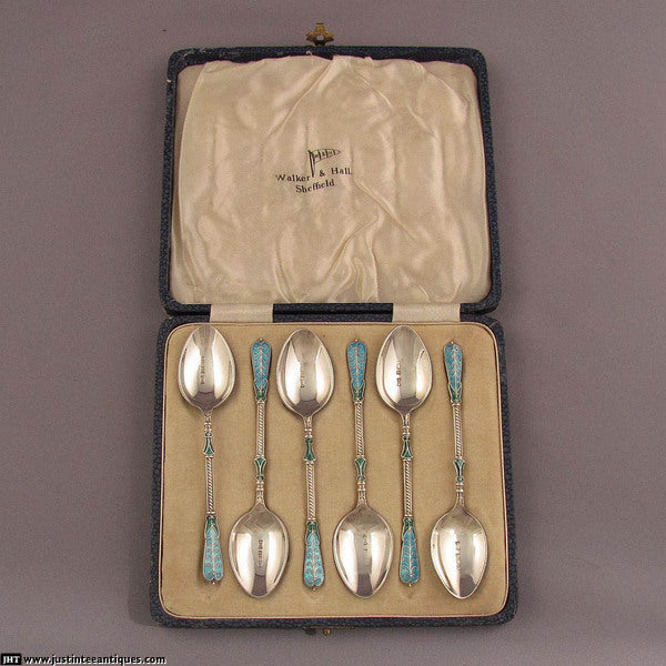 6 English Silver and Cloisonne Enamel Teaspoons - JH Tee Antiques