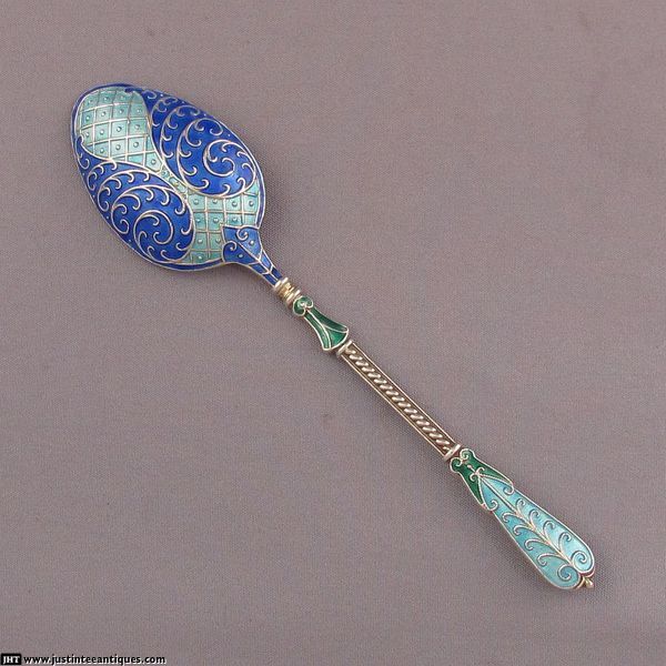 6 English Silver and Cloisonne Enamel Teaspoons - JH Tee Antiques