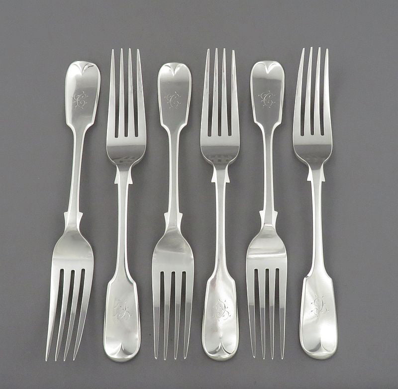 6 Victorian Fiddle Pattern Dinner Forks - JH Tee Antiques