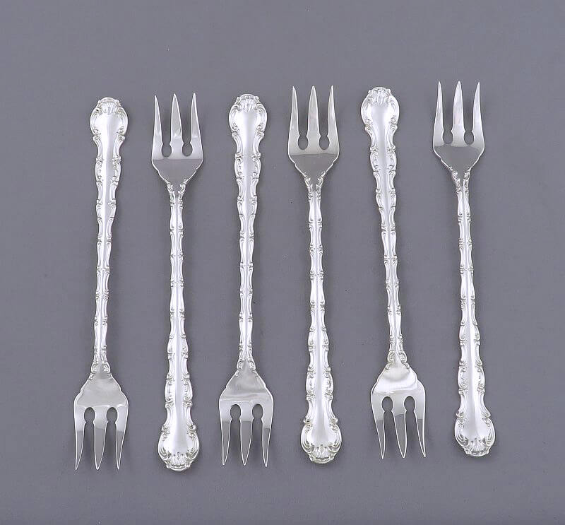 6 Pompadour Pattern Sterling Silver Oyster Forks - JH Tee Antiques