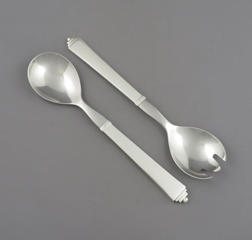 Georg Jensen Pyramid Pattern Sterling Silver Salad Servers - JH Tee Antiques