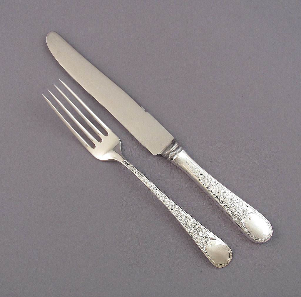 Birks London Engraved Sterling Flatware Set for 8 - JH Tee Antiques