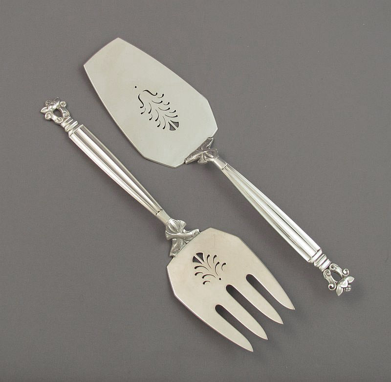 Georg Jensen Acorn Fish Serving Knife &amp; Fork - JH Tee Antiques