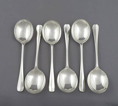 6 English Rat Tail Pattern Large Soup Spoons - JH Tee Antiques