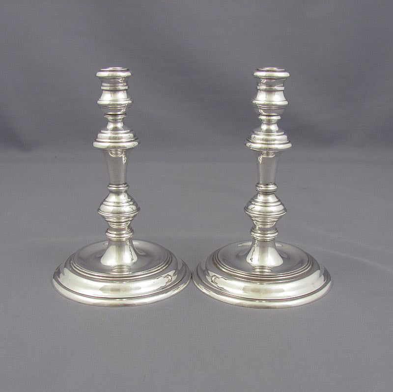 Pair of Cast English Silver Tapersticks - JH Tee Antiques