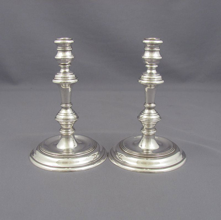 Pair of Cast English Silver Tapersticks - JH Tee Antiques