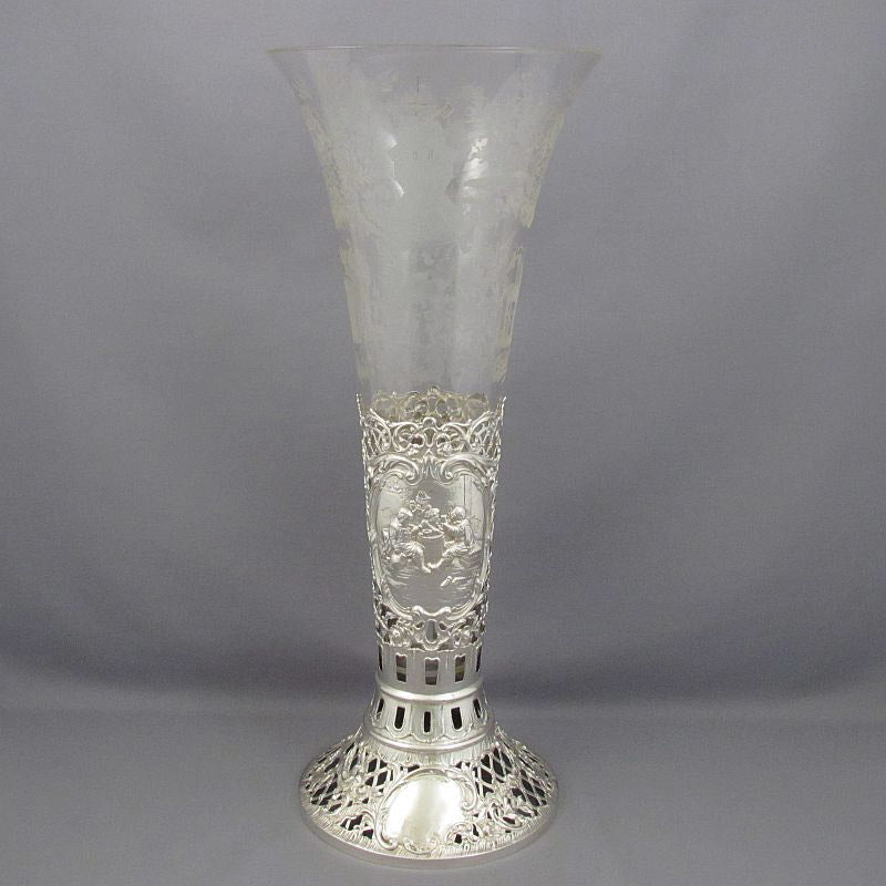 Large German Silver &amp; Glass Vase - JH Tee Antiques