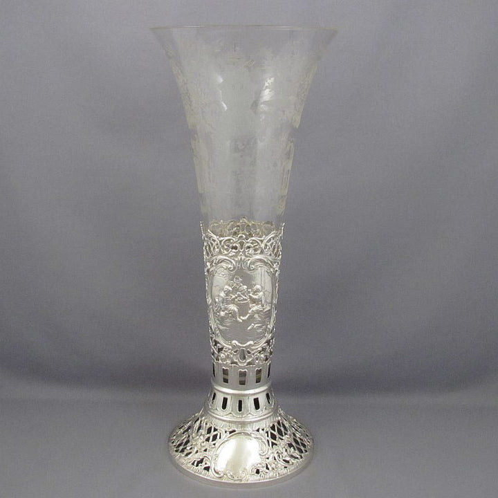 Large German Silver &amp; Glass Vase - JH Tee Antiques