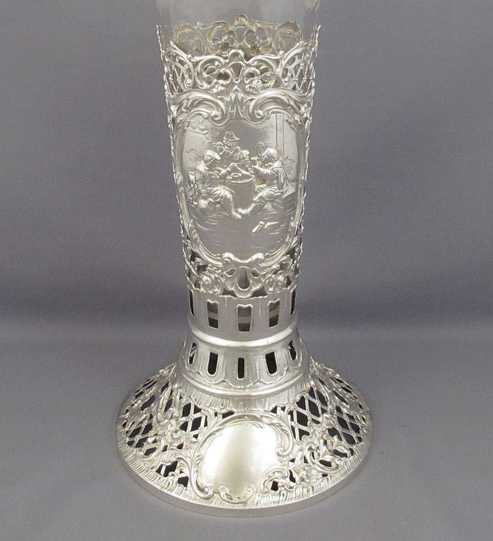 Large German Silver &amp; Glass Vase - JH Tee Antiques