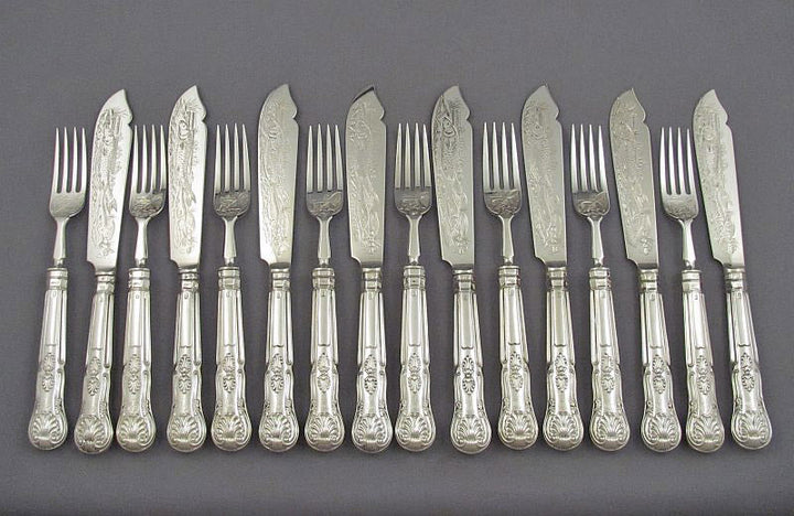 Kings Pattern Silver Fish Service by George Adams - JH Tee Antiques
