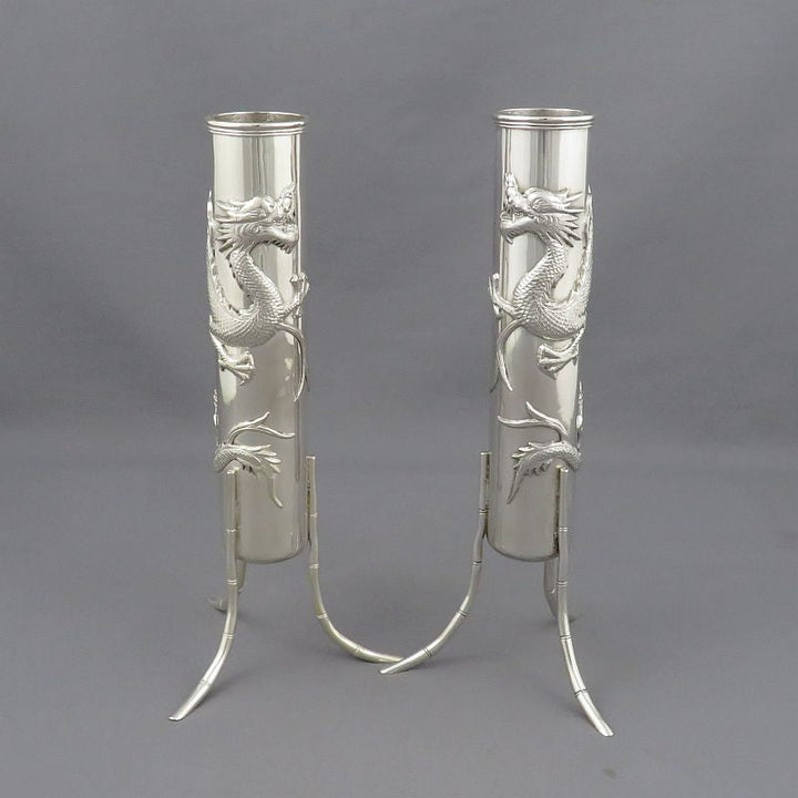 Pair of Chinese Export Silver Vases - JH Tee Antiques