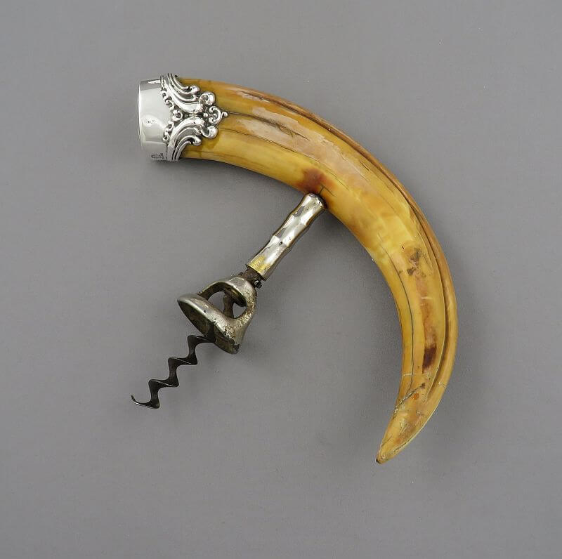 Sterling Silver Mounted Boar's Tusk Corkscrew - JH Tee Antiques