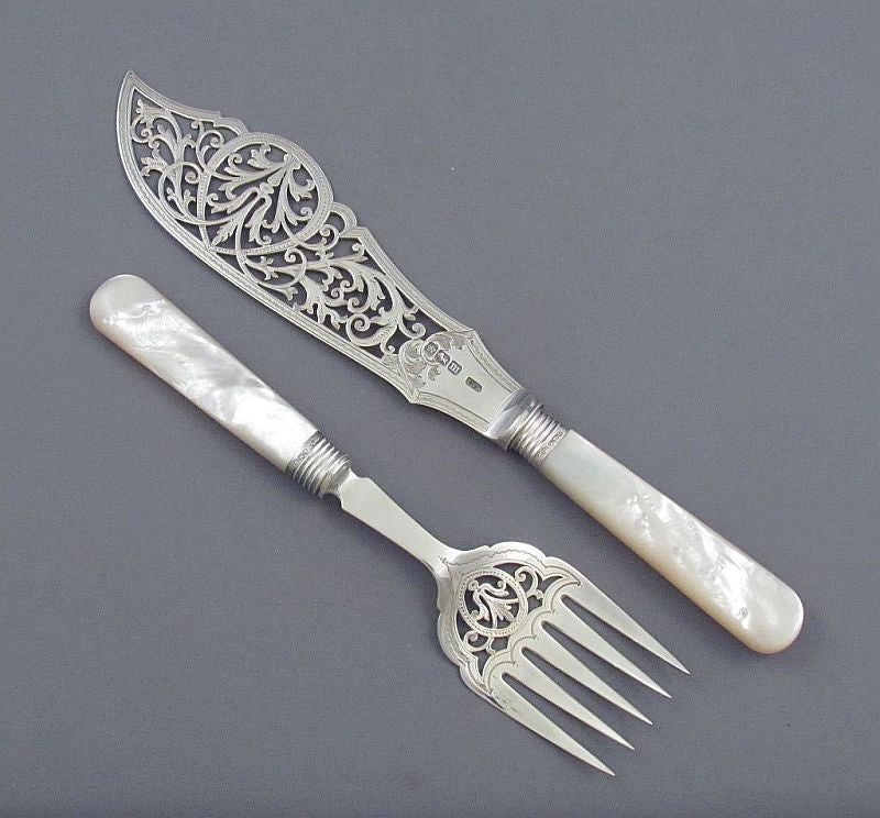 Edwardian Silver and Mother of Pearl Fish Servers - JH Tee Antiques