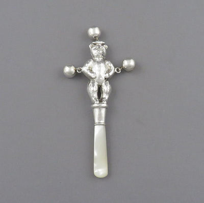 English Figural Silver Baby Rattle - JH Tee Antiques