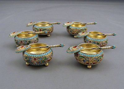 6 Russian Silver and Enamel Open Salts - JH Tee Antiques