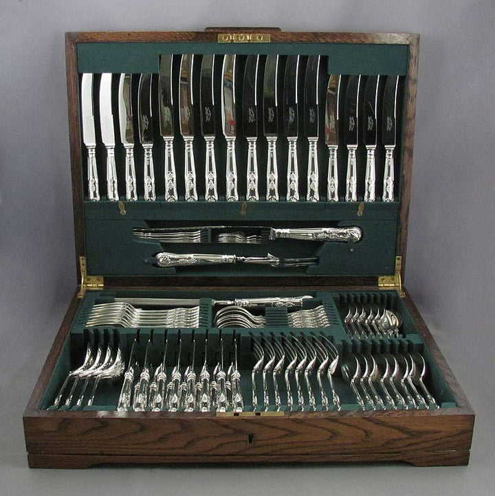 English Silver Kings Pattern Flatware Set for 8 - JH Tee Antiques